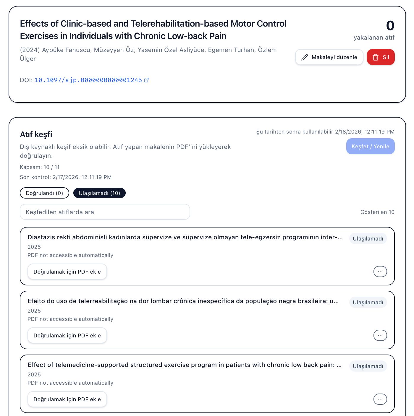 Screenshot: List of discovered papers
