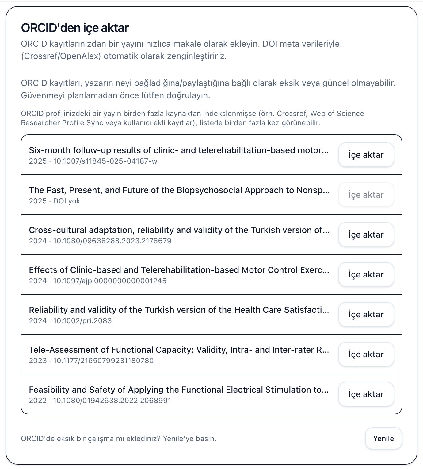 Screenshot: Import article from Orcid
