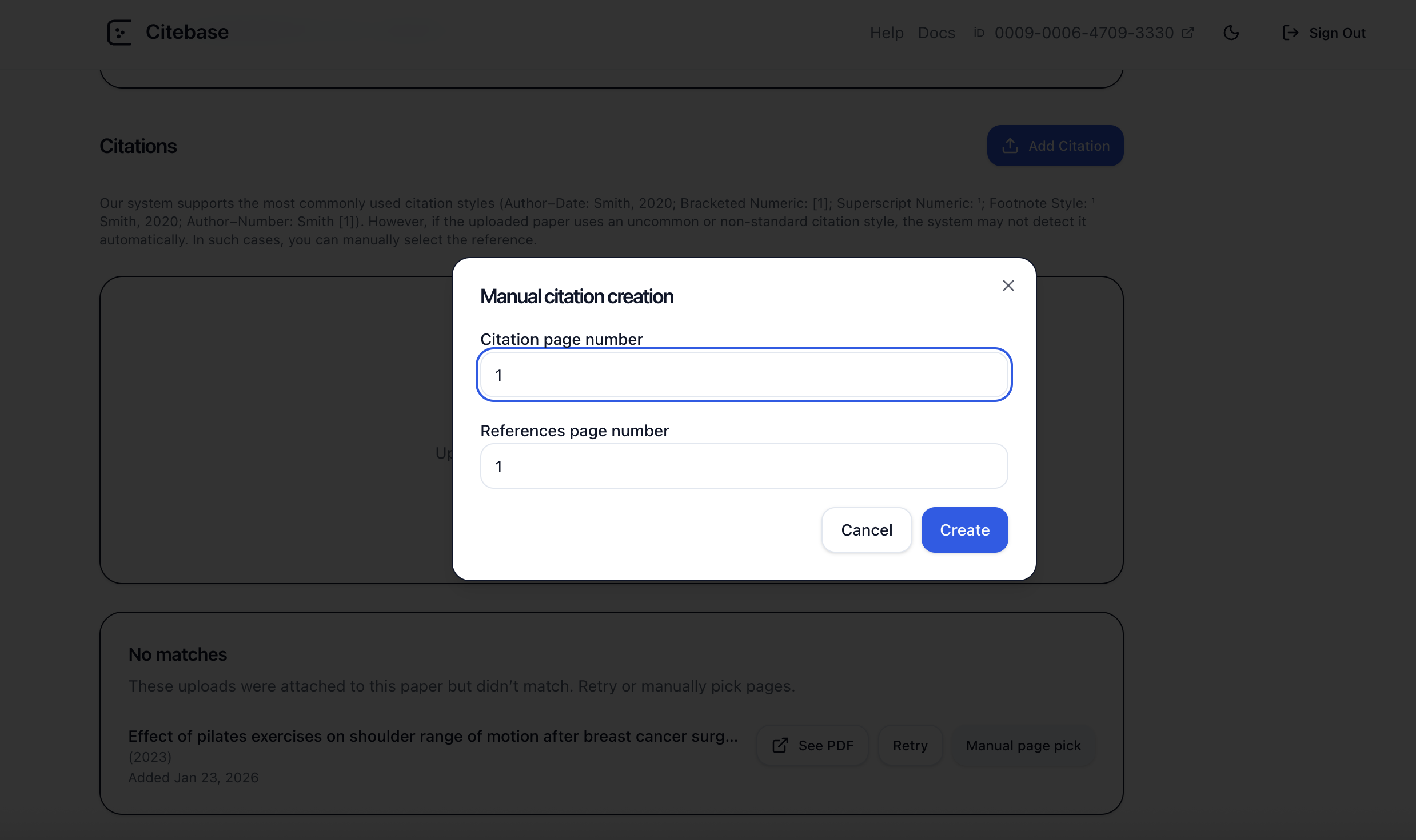 Ekran görüntüsü: Manuel atıf oluşturma diyaloğu