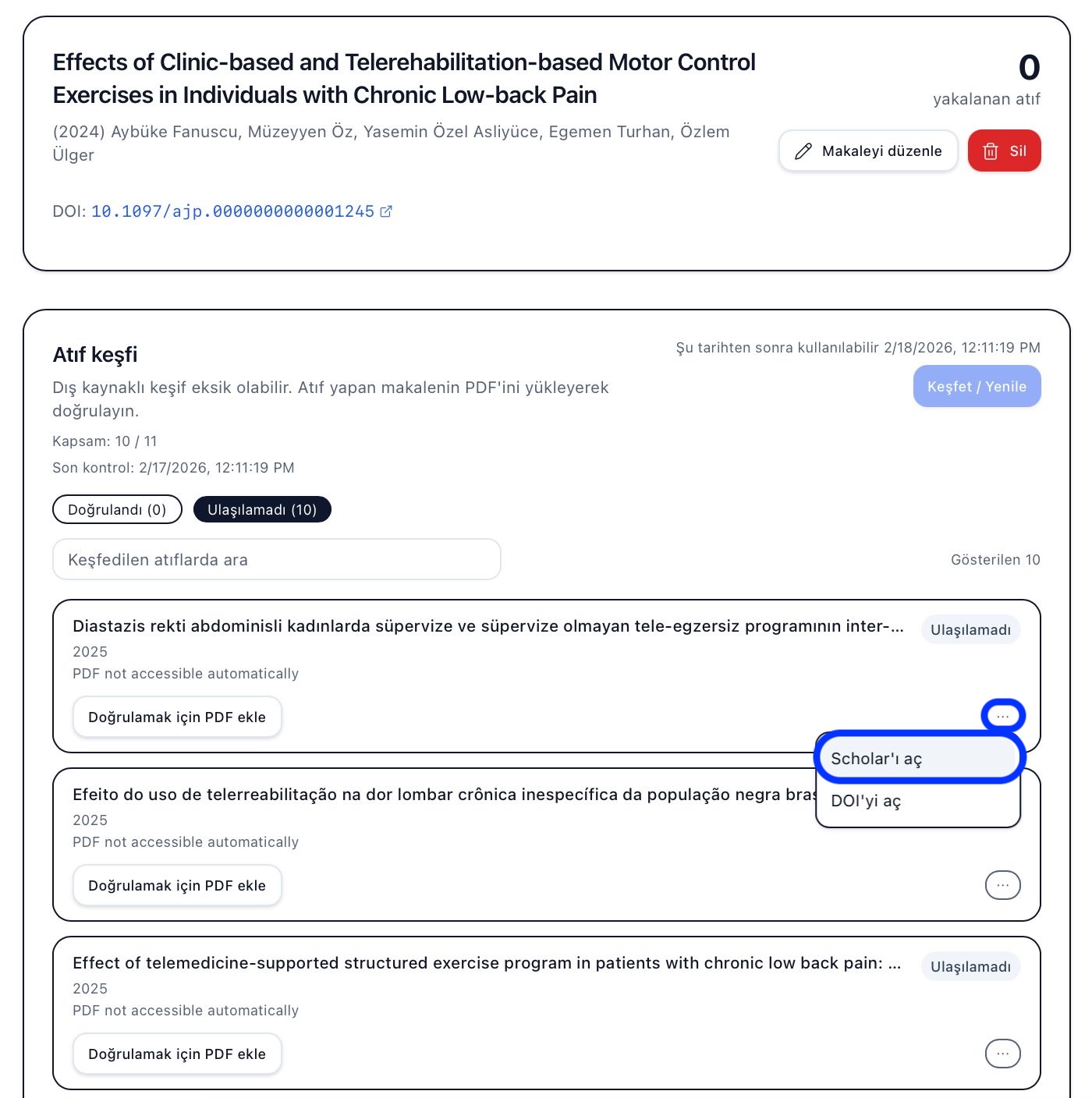 Screenshot: Action buttons on discovery